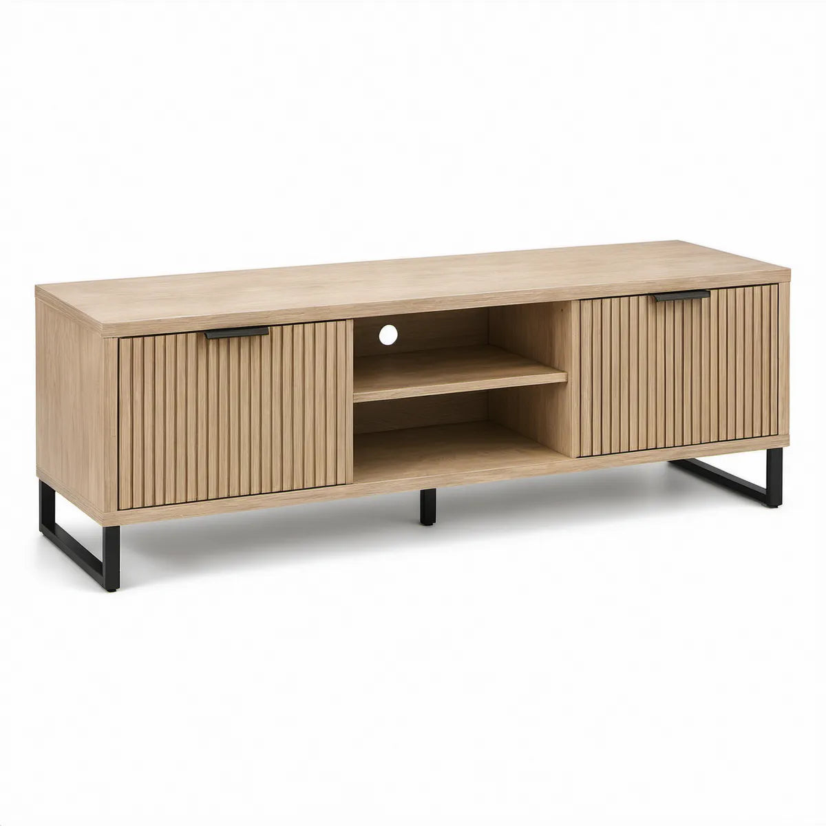 Móvel de Televisão com Portas de Correr Ripadas 140 x 40 x 50 cm em Carvalho Claro e Preto