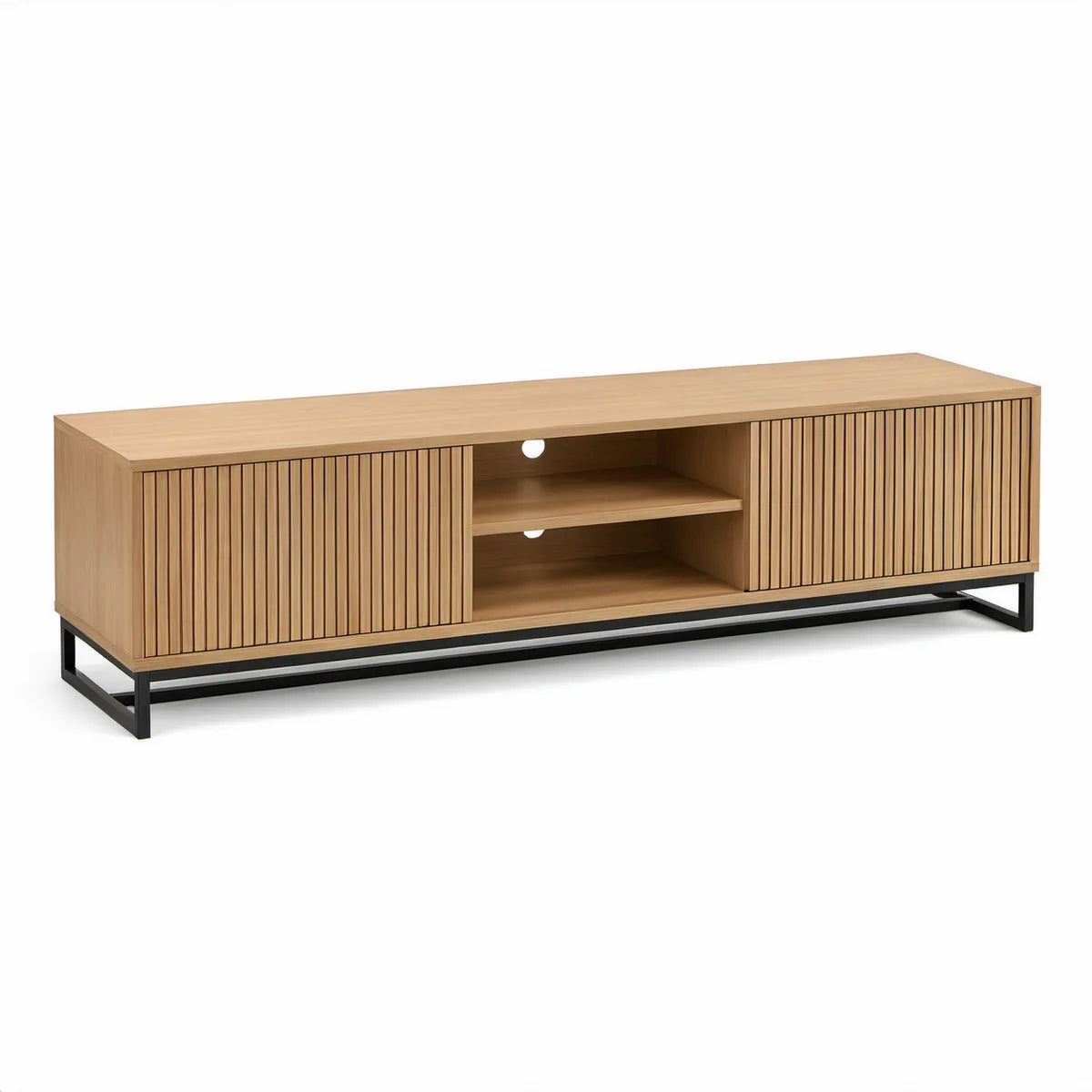 Móvel para TV em MDF folheado a carvalho com portas caneladas, 180 x 40 x 50 cm, Carvalho Natural e Preto