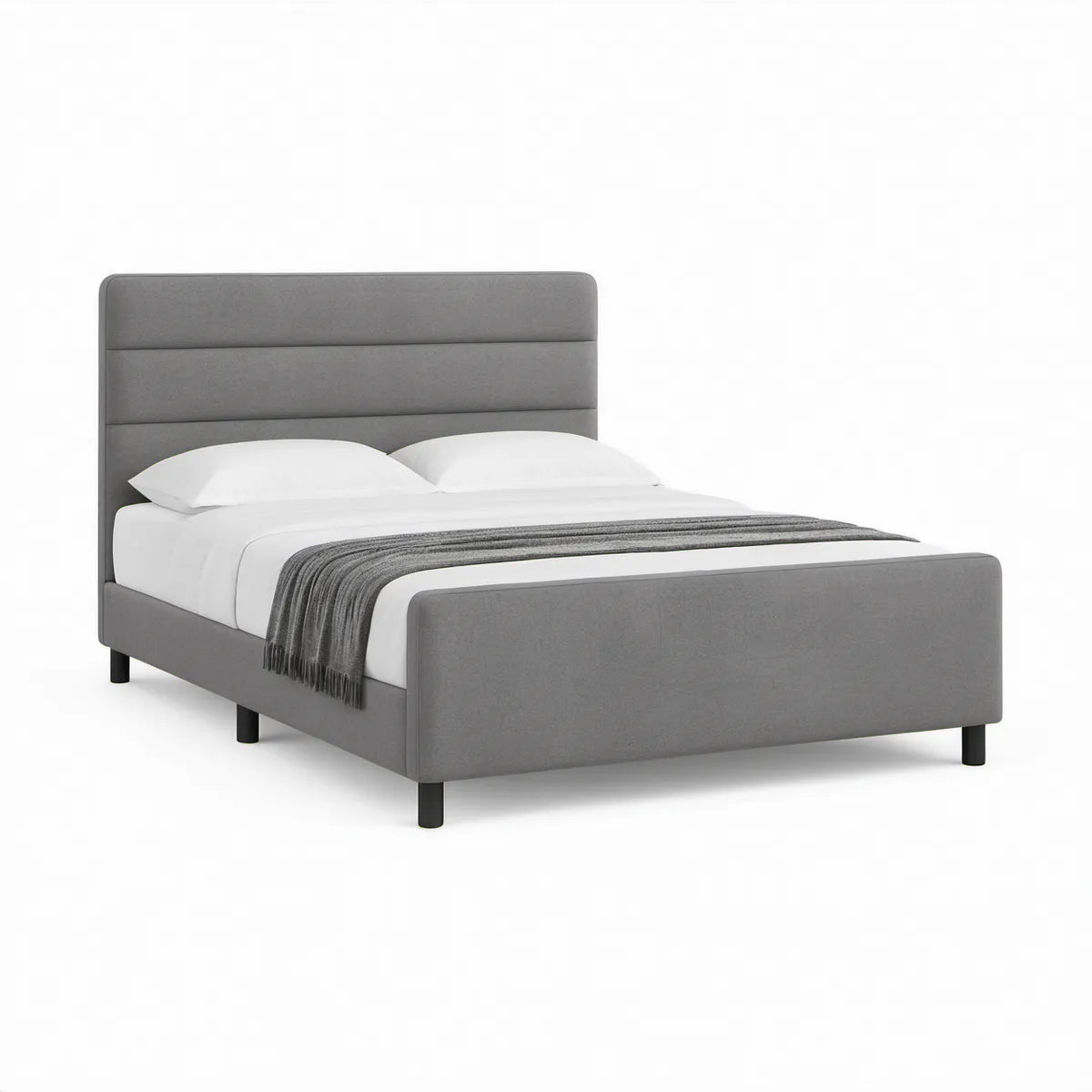Cama de Casal Estofada Cinzenta com Pernas Pretas para Colchão 160 x 200 cm