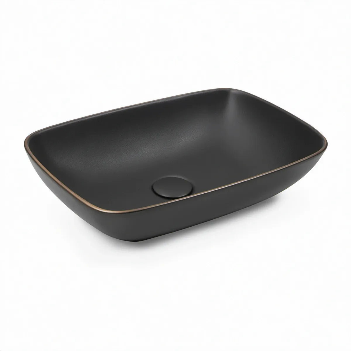 Lavatório de Pousar Retangular em Cerâmica Preto Mate com Rebordo Dourado 60 x 40 x 13 cm
