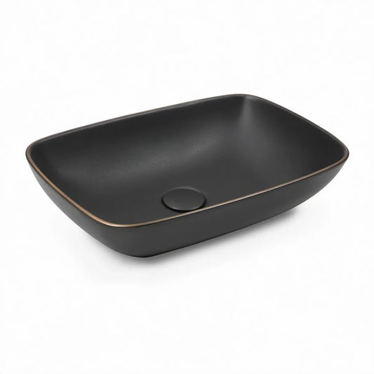 Lavatório de Pousar Retangular em Cerâmica Preto Mate com Rebordo Dourado 60 x 40 x 13 cm
