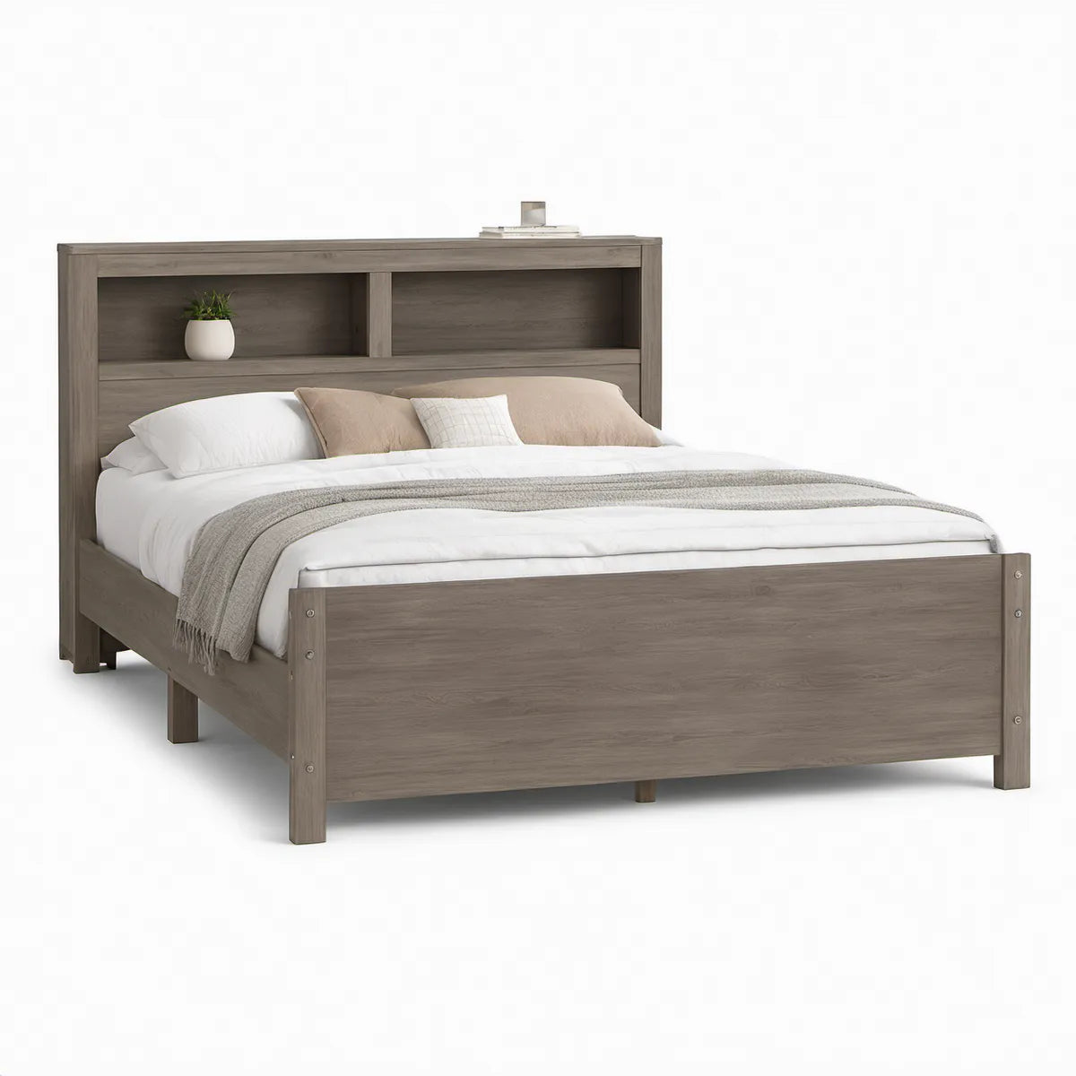 Cama de Casal 160 x 200 cm com Cabeceira de 2 Prateleiras em MDF Cinzento Carvalho