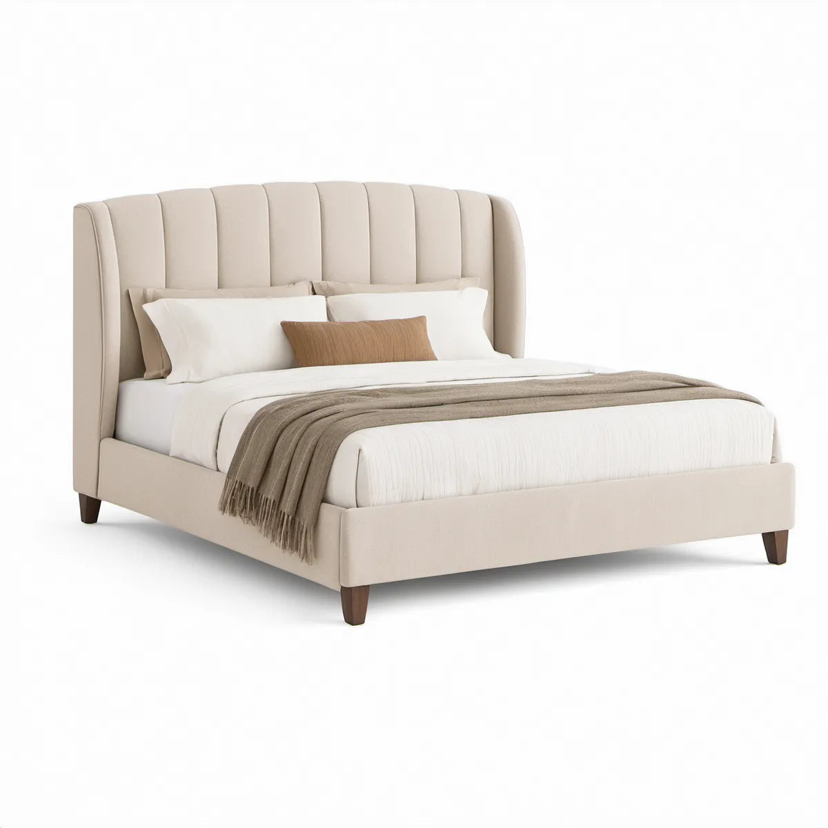 Cama Estofada Bege com Cabeceira Canelada para Colchão 160 x 200 cm