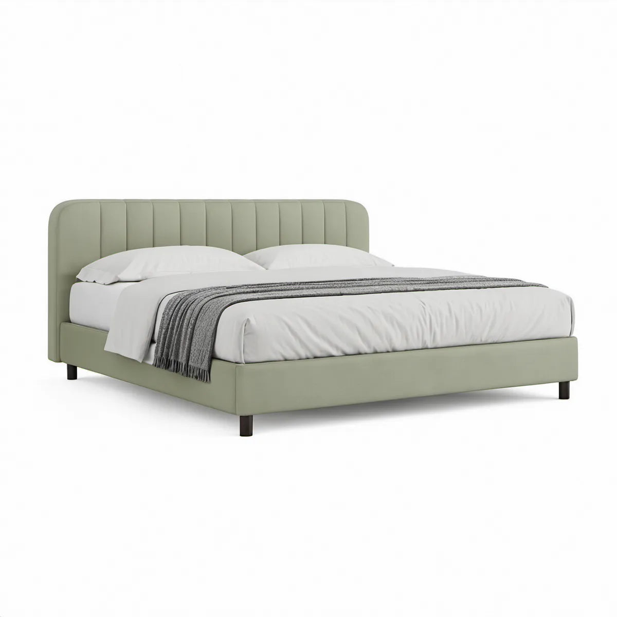 Cama de Casal Estofada Verde Sálvia 160 x 200 cm com Cabeceira Acolchoada