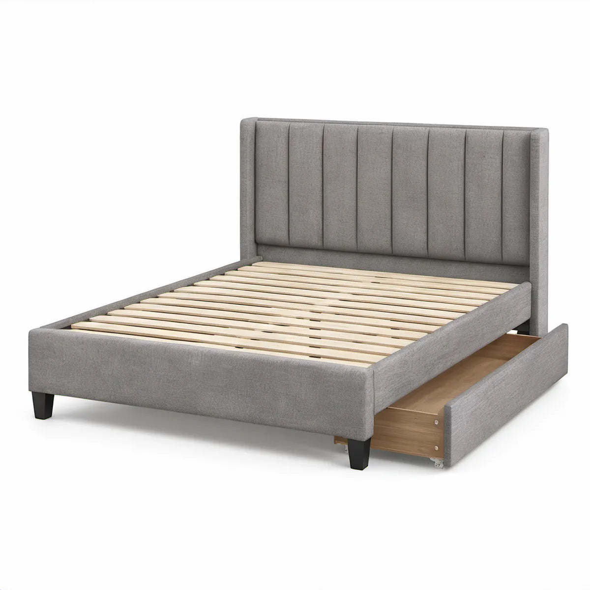Cama de Casal Estofada Cinzenta 160 x 200 cm com Estrado de Ripas e Gaveta Lateral