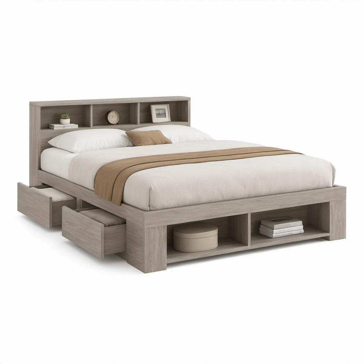 Cama de Casal com Arrumação e Cabeceira, para Colchão 160 x 200 cm, Cinzento-Carvalho