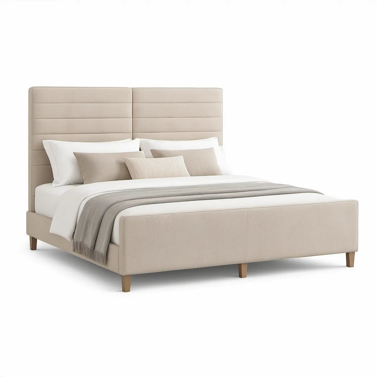 Cama de Casal Estofada Bege com Cabeceira Acolchoada, para Colchão 160 x 200 cm