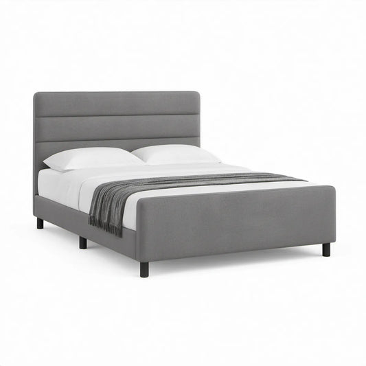 Cama de Casal Estofada Cinzenta com Pernas Pretas para Colchão 160 x 200 cm