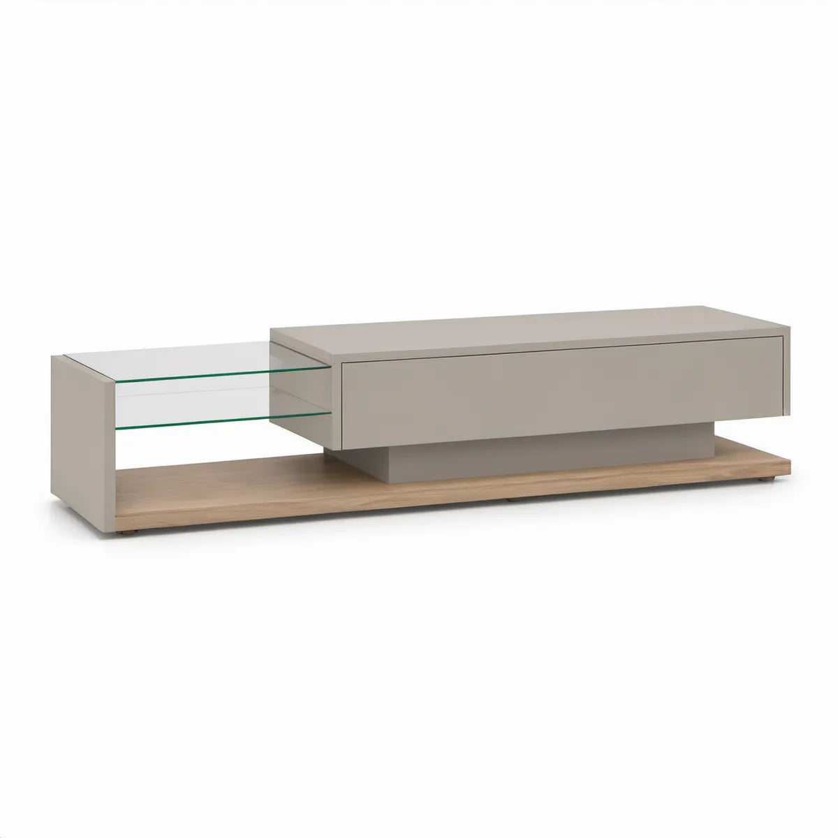 Móvel de TV em MDF Cinzento-Castanho e Carvalho Natural com Prateleiras de Vidro, 180 x 40 x 45 cm