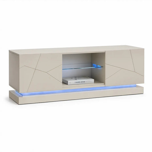Móvel de TV em MDF Lacado Bege com Iluminação LED Azul, 160 x 40 x 50 cm