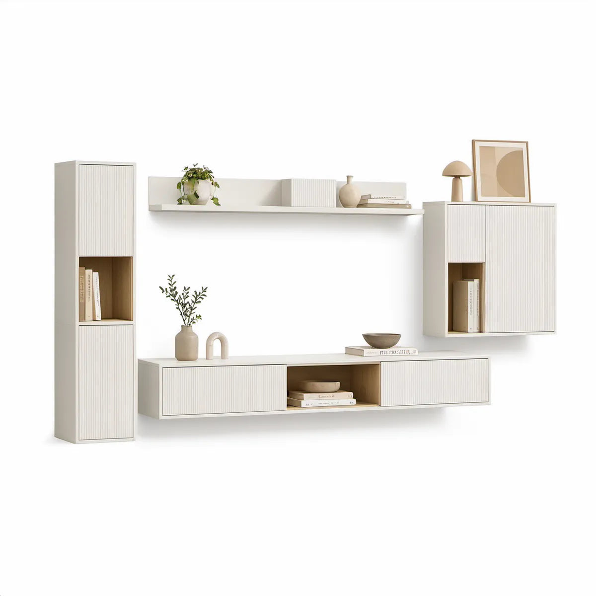 Conjunto Suspenso de 4 Peças para TV em MDF Branco e Carvalho Claro, 290 x 35 x 180 cm