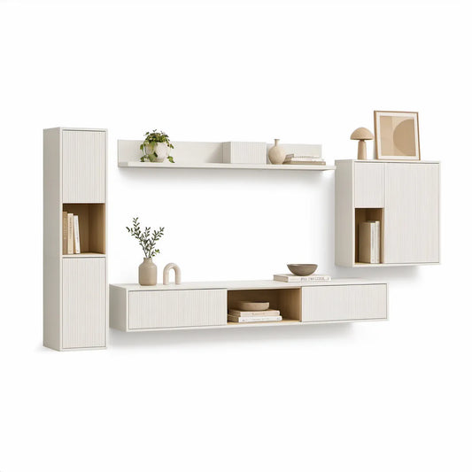 Conjunto Suspenso de 4 Peças para TV em MDF Branco e Carvalho Claro, 290 x 35 x 180 cm