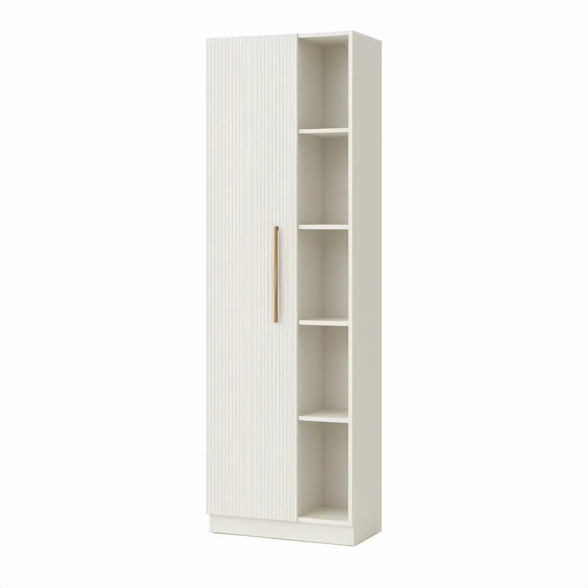 Armário Alto em MDF Branco e Dourado com Porta Canelada e Nichos, 40 x 30 x 180 cm