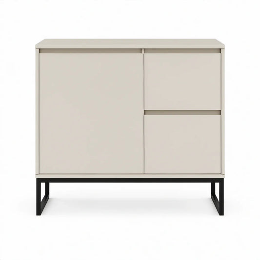 Armário retangular em MDF bege com base em aço preto, 80 x 40 x 90 cm