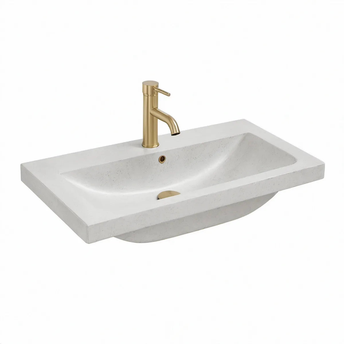 Lavatório Suspenso Retangular em Composto Mineral Branco 60 x 46 cm com Torneira Monocomando Dourada