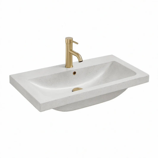 Lavatório Suspenso Retangular em Composto Mineral Branco 60 x 46 cm com Torneira Monocomando Dourada