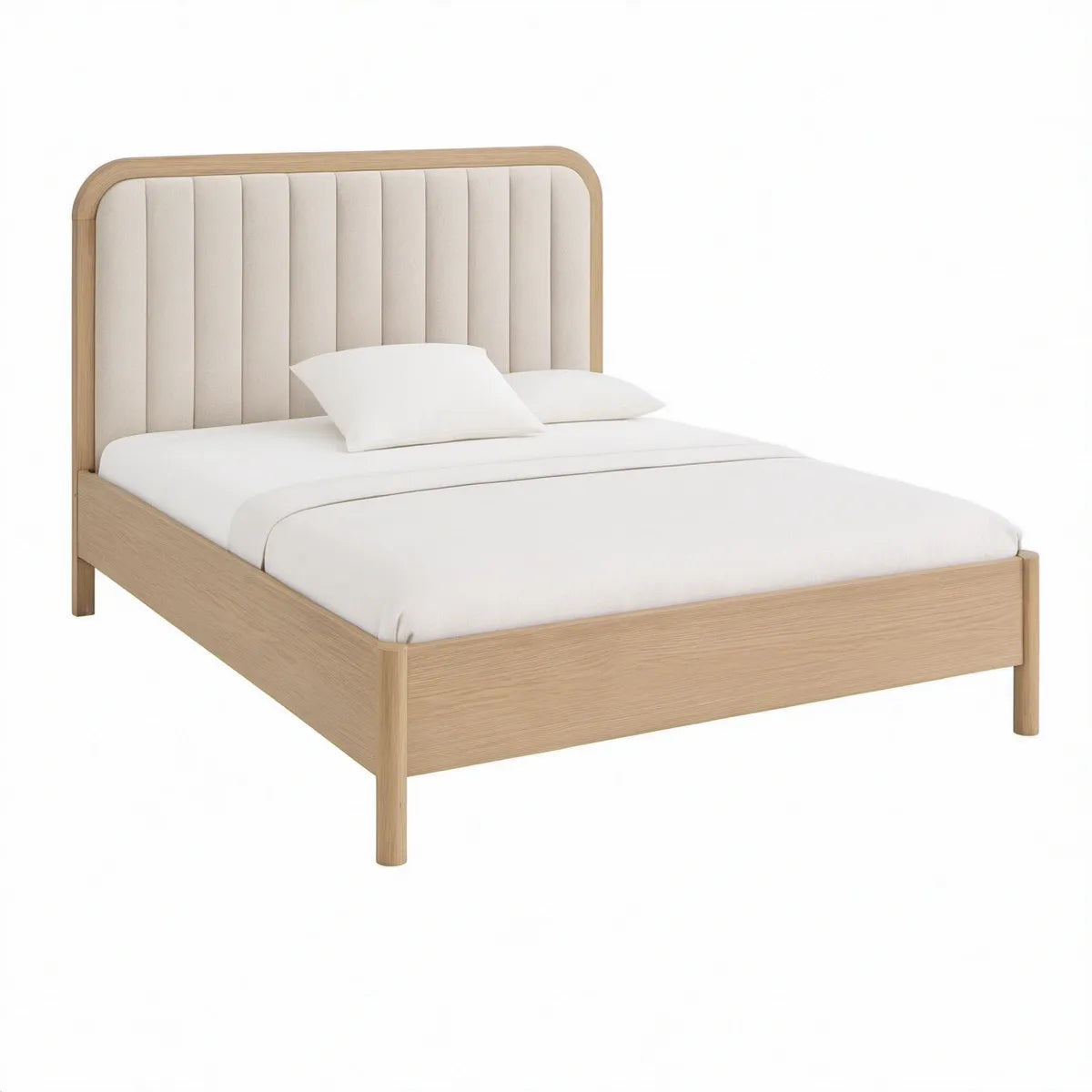Cama de Casal 160 x 200 cm com Cabeceira Estofada Vertical em Carvalho Natural e Bege