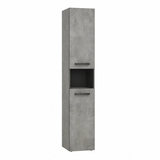 Armário Alto para Casa de Banho com 2 Portas e Nicho Aberto, Cinzento Betão/Preto, 30 x 30 x 183,5 cm