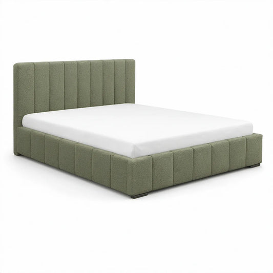 Cama de Casal Estofada 160 x 200 cm com Cabeceira em Tecido Bouclé Verde-sálvia