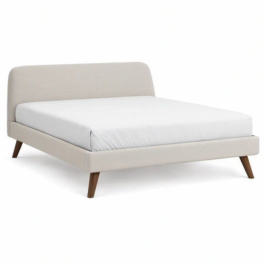 Cama de Casal Estofada para Colchão 160 x 200 cm em Poliéster Bege com Pés Castanhos