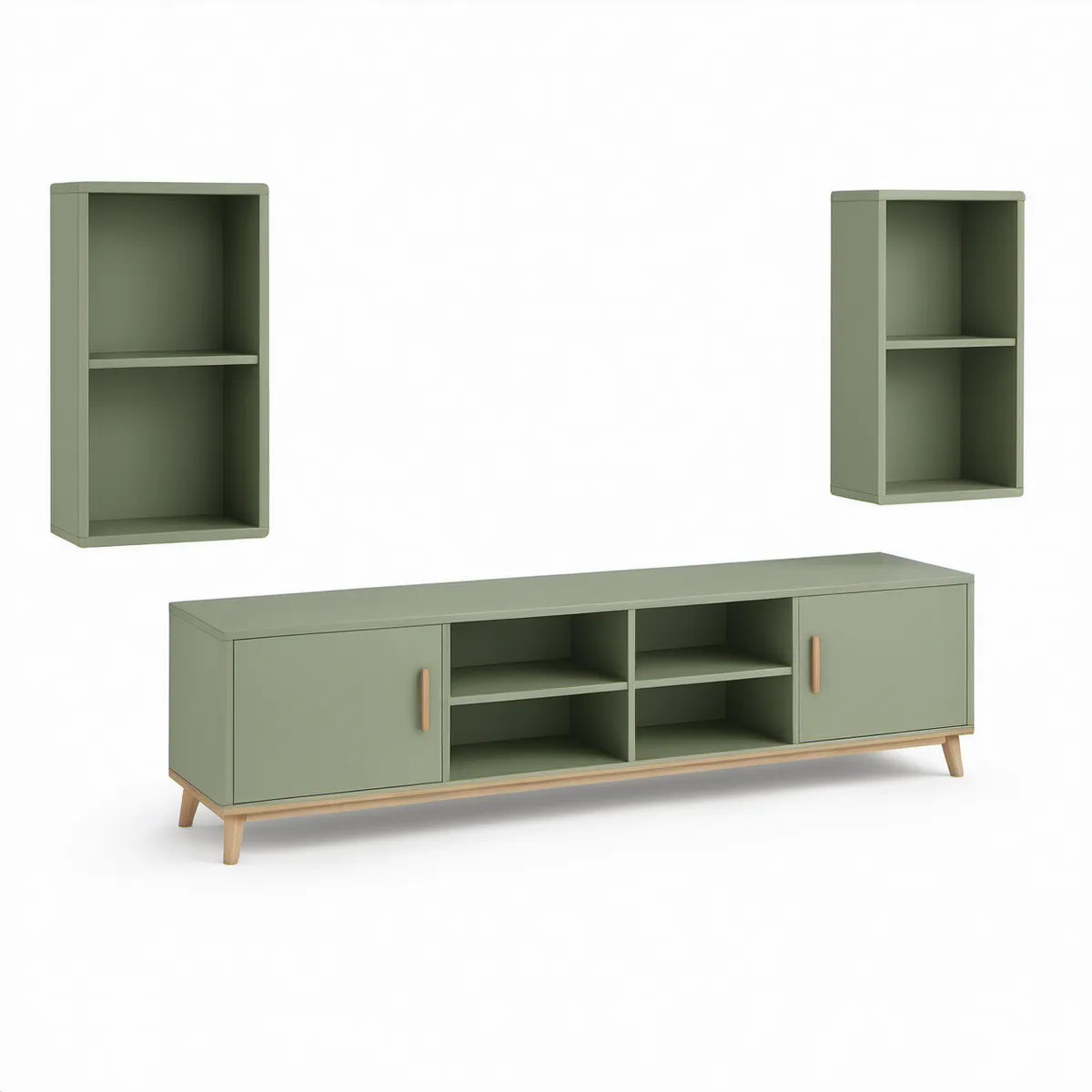 Conjunto para TV com 2 Módulos Suspensos em MDF Verde-sálvia e Madeira, 160 x 40 x 55 cm