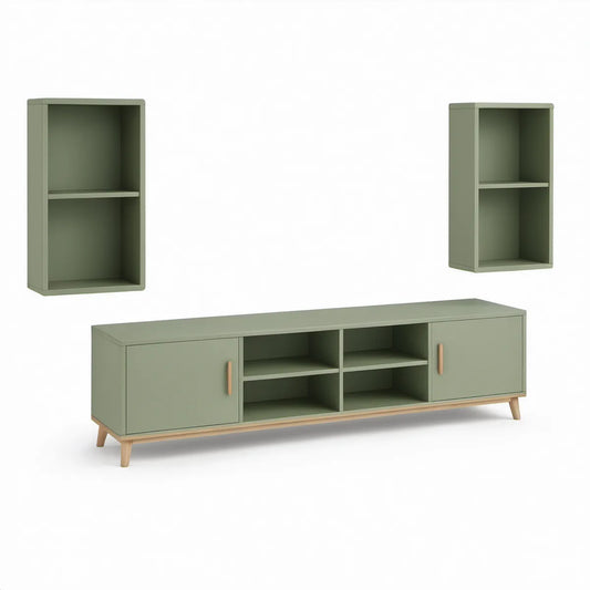 Conjunto para TV com 2 Módulos Suspensos em MDF Verde-sálvia e Madeira, 160 x 40 x 55 cm